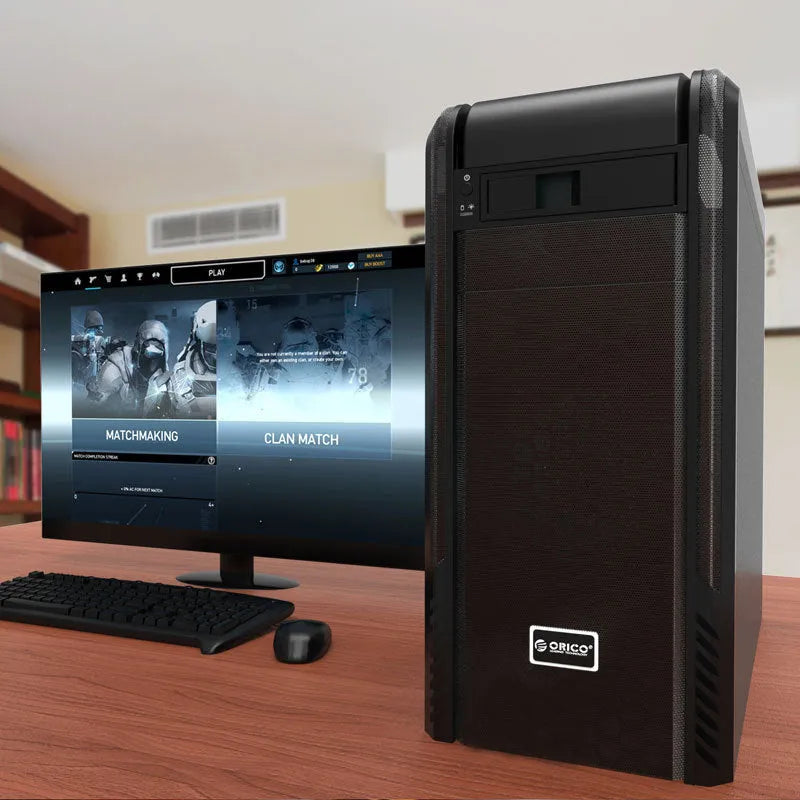 Black hard disk tray for CD-ROM bay mounting in vertical desktop chassis, plastic and iron construction