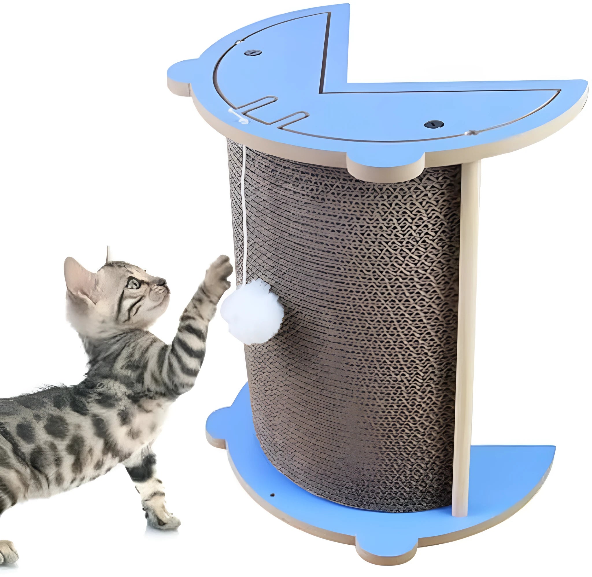 Vertical corner cat scratcher with cardboard pad and hanging ball toy on grey density board base