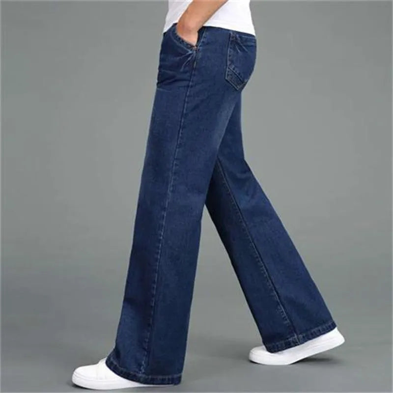 Men's loose wide-leg flared jeans in solid colour, polyester fibre construction, available in multiple waist sizes