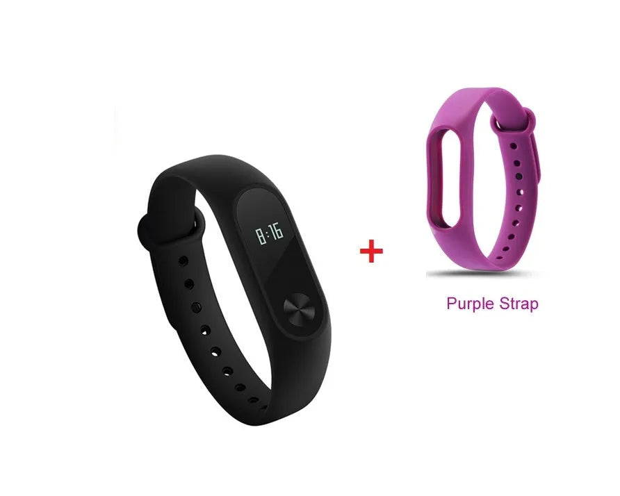 Black Xiaomi Mi Band 2 fitness tracker with OLED screen on adjustable wrist strap