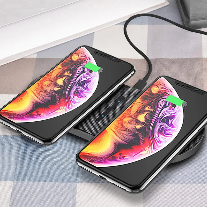 Black 2 in 1 wireless charger with dual 10W quick charge pads and indicator light