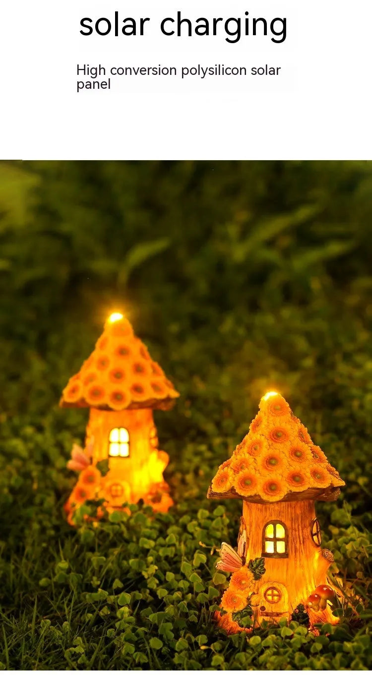 Resin solar lamp decoration tree house hand-painted cartoon pastoral style for outdoor garden lawn