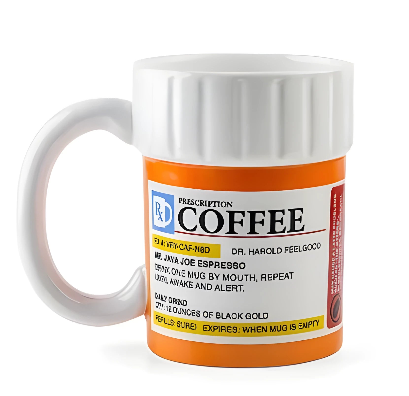 Novelty prescription coffee mug shaped like a pill bottle, ceramic, with a comfortable handle, on a plain background
