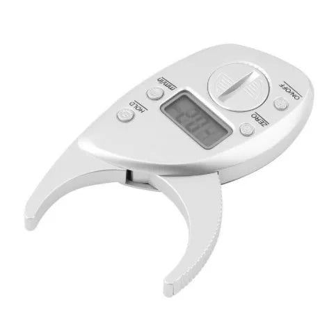 Digital body fat caliper with LCD display, anti-slip handle, and ABS plastic body on a white background