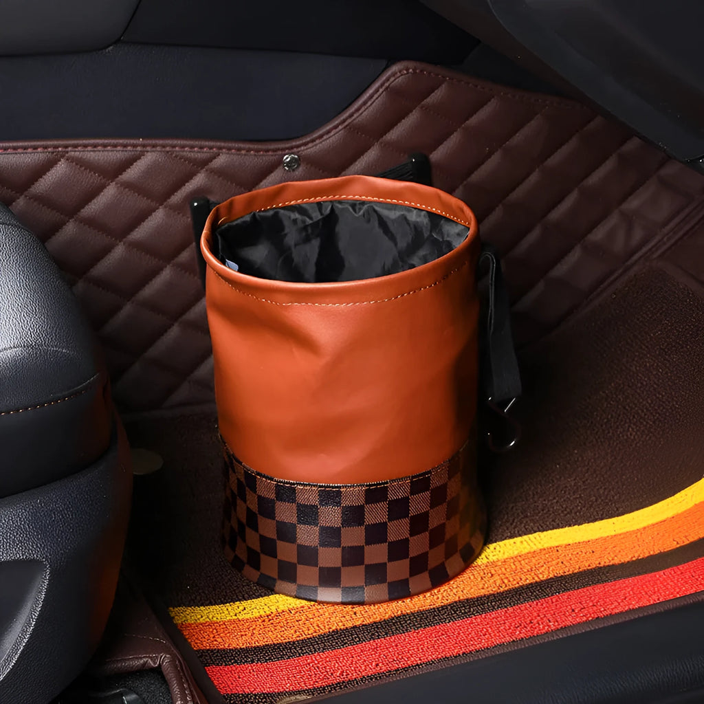 Leather retractable car trash can shown in product picture with foldable design