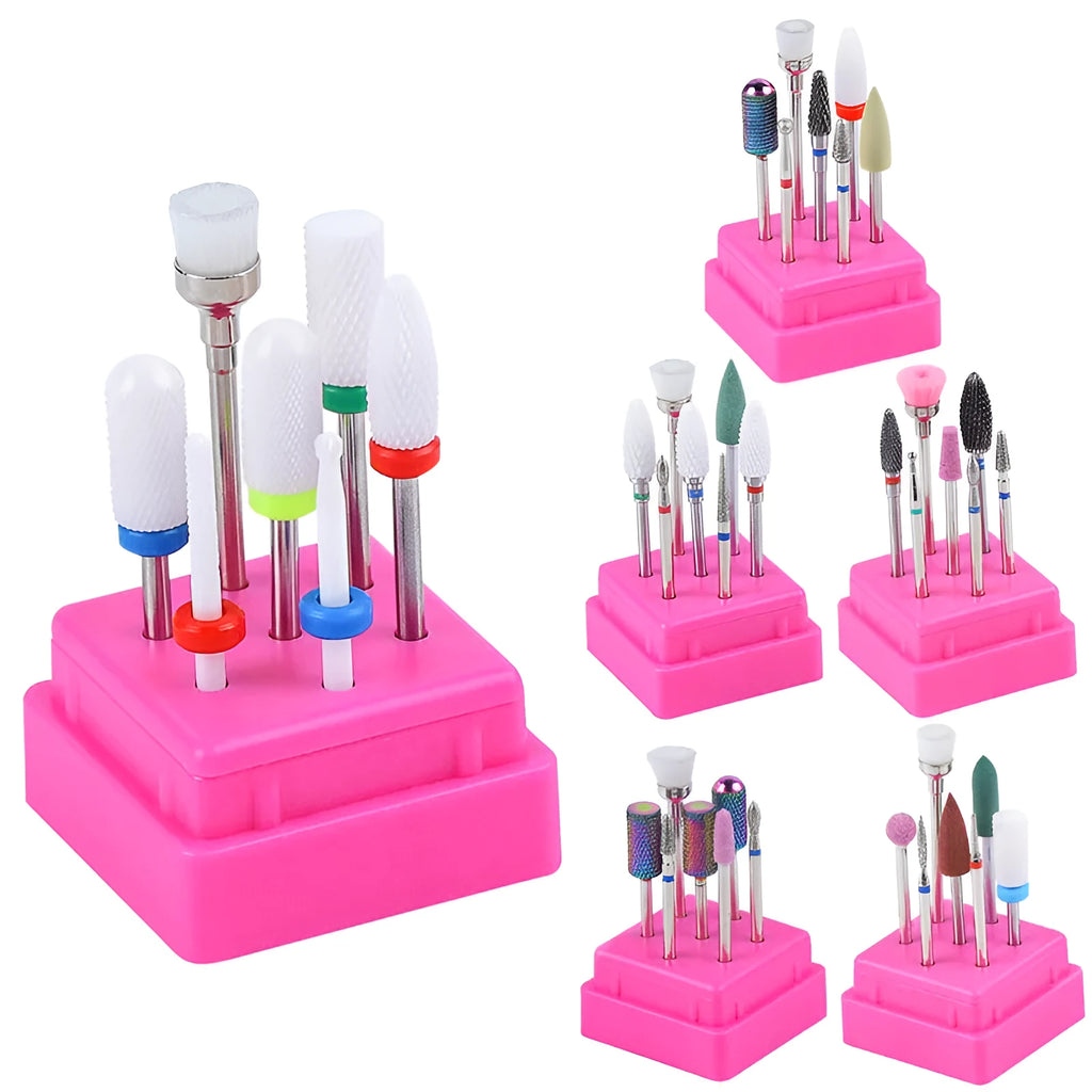 Set of seven tungsten steel nail drill bits and a brush in a clear plastic case for nail polishing