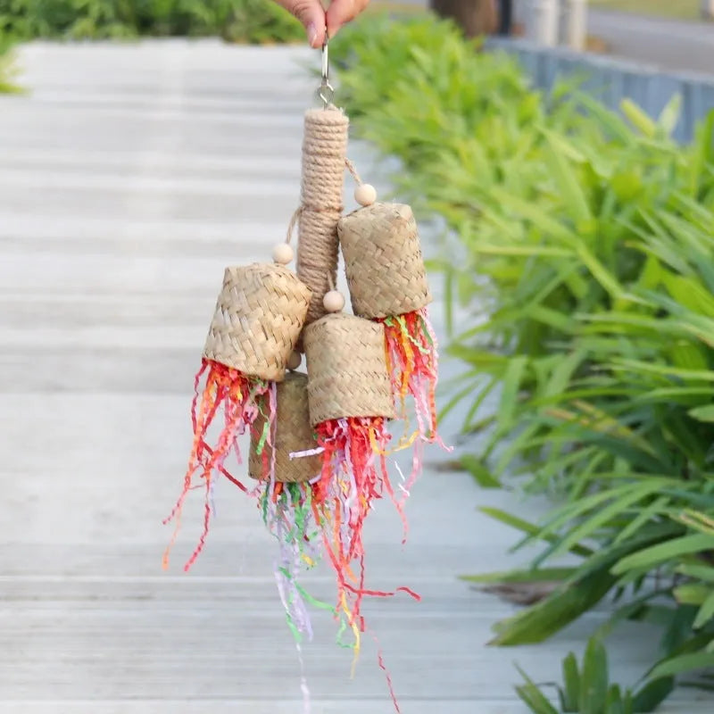 35cm sisal rope parrot chewing toy with wooden blocks and colourful shredded paper hanging from cage bars