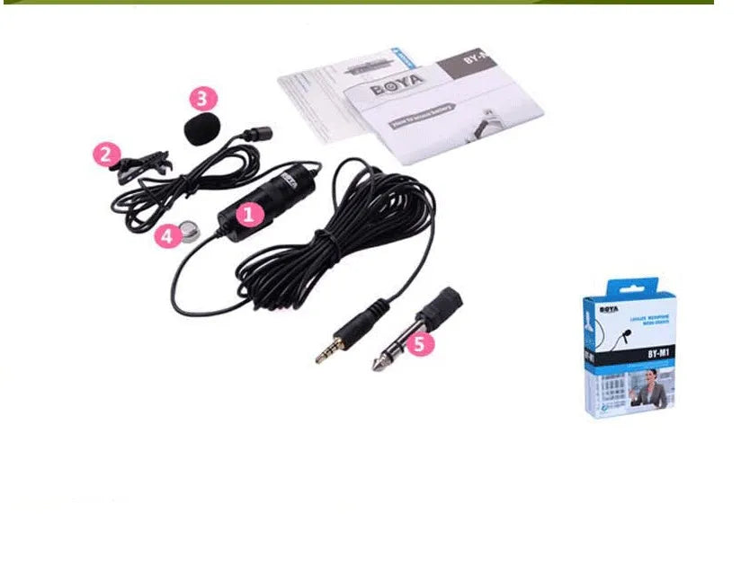 Black lavalier microphone with clip and 3.5mm plug on a white background