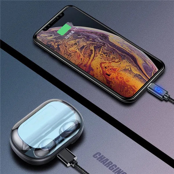 V11 Bluetooth true wireless earbuds in charging case with digital display, black and white options