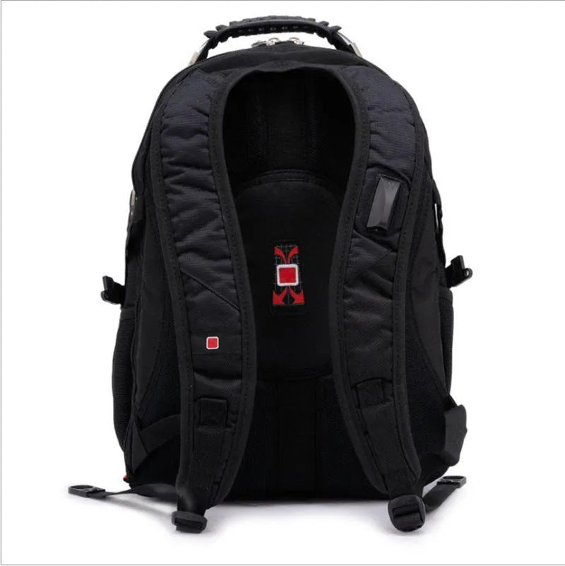 Black business computer backpack showing multiple compartments and organisational pockets for laptop carry.