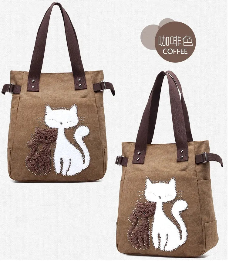 KVKY women canvas shoulder bag with cute plush cat applique in beige colour on white background