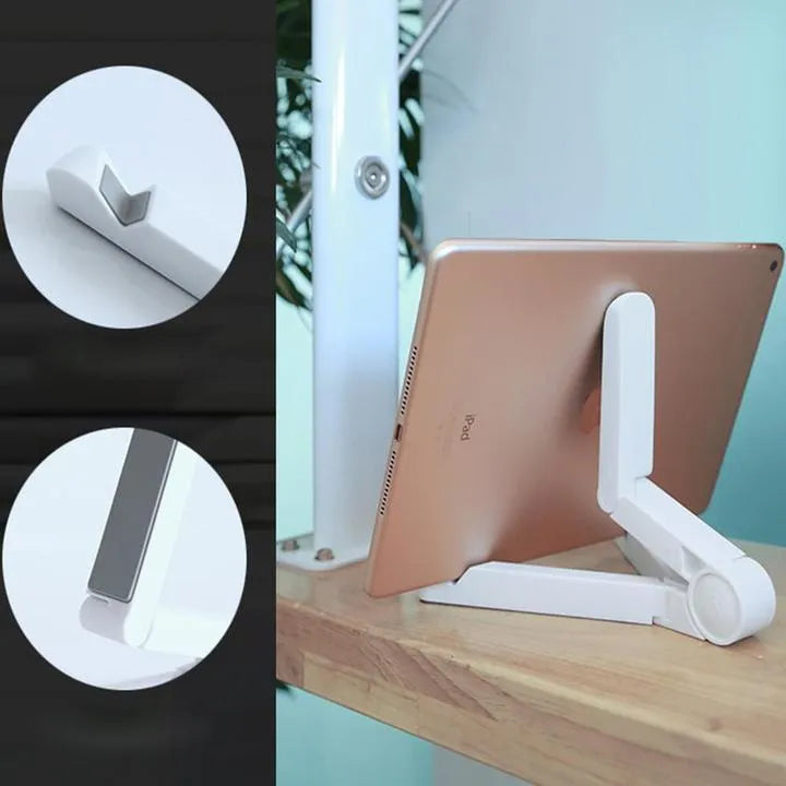 Foldable tablet holder in black showing both folded flat and opened positions with smartphone mounted