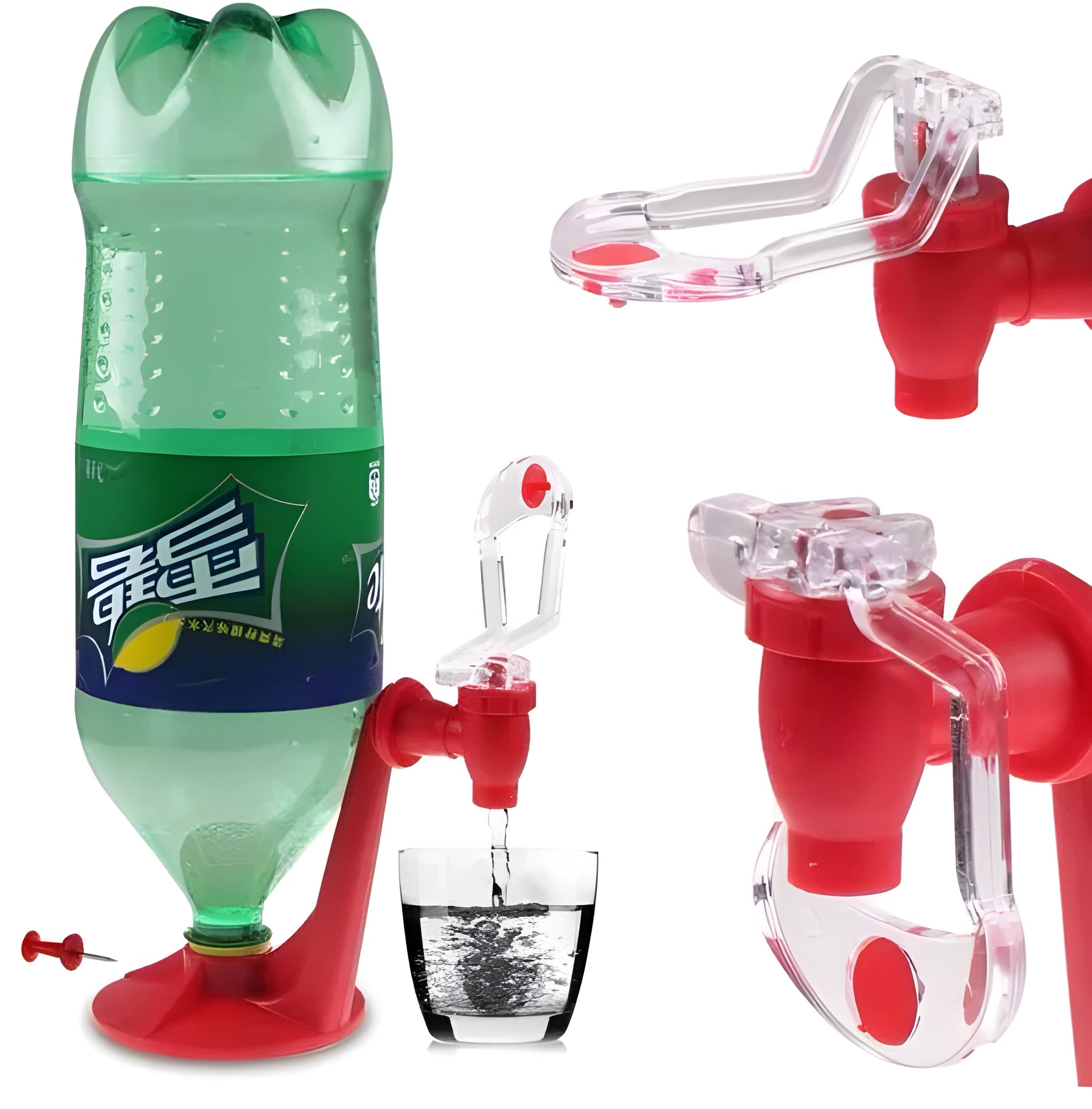 Red plastic Magic Tap soda dispenser screwed onto a 2-litre bottle with push-in tap