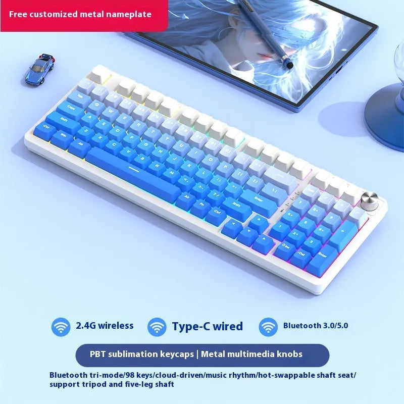 98-key wireless Bluetooth mechanical keyboard kit with metal knob and multiple colour background options