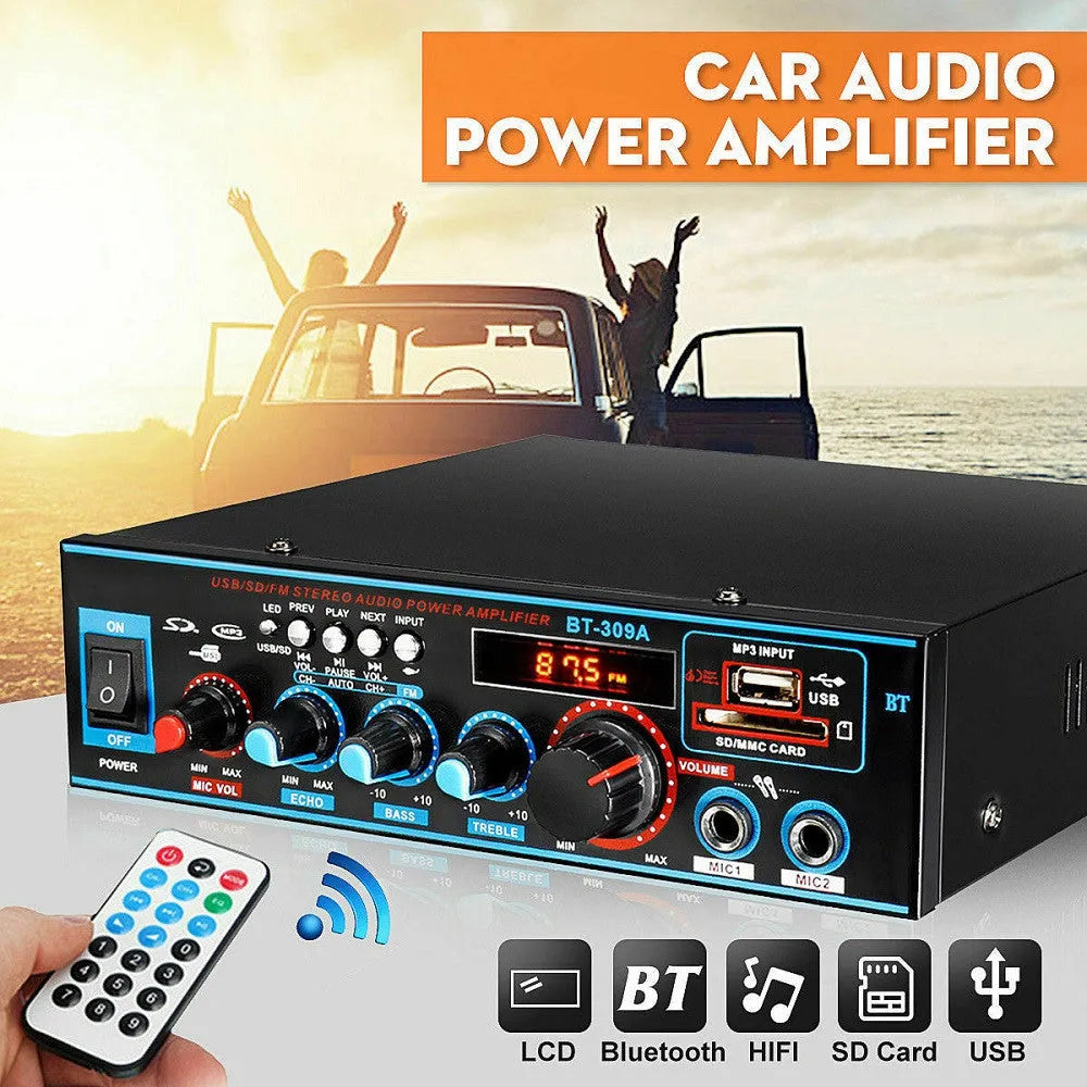 Black recording Bluetooth power amplifier with 50W+50W output for home and car audio systems