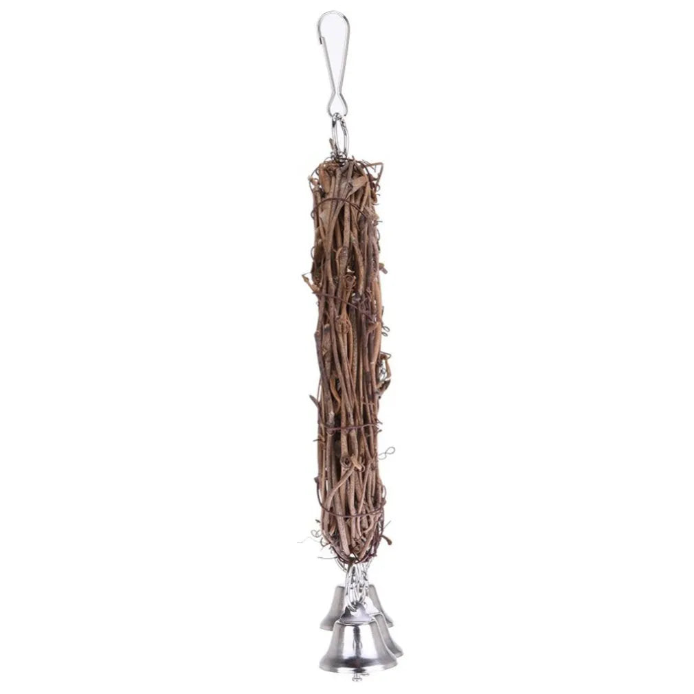 Natural rattan parrot swing measuring 26x16cm in brown, attached to cage bars