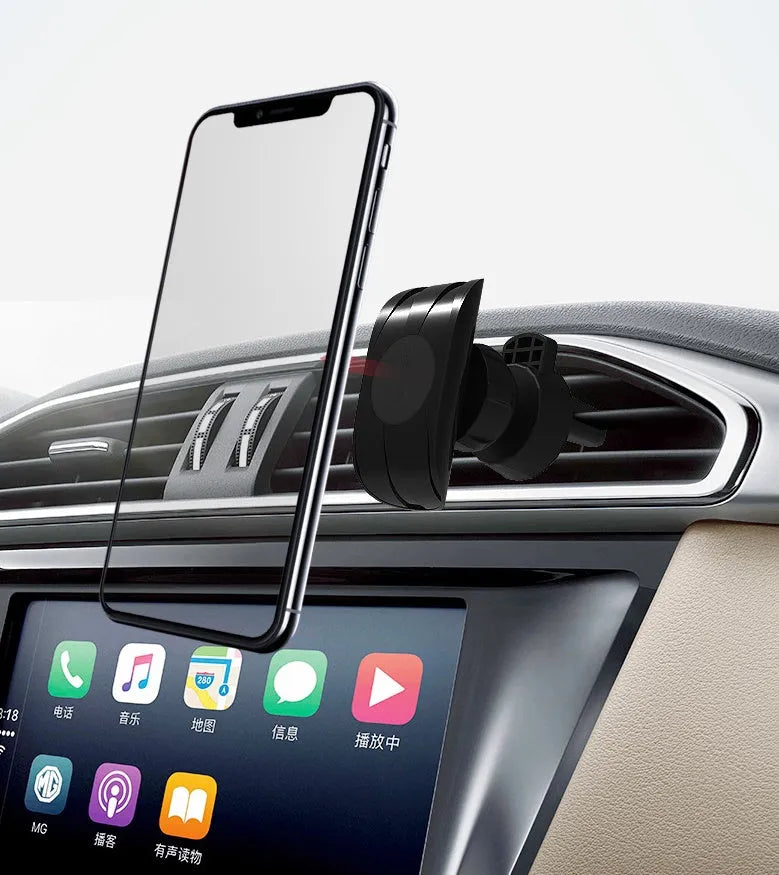 Black car phone holder attached to vehicle air vent with phone securely mounted