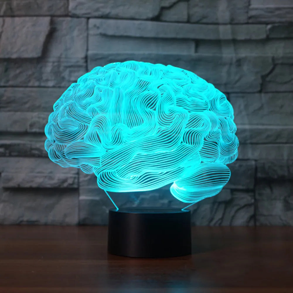 3D acrylic brain illusion LED desk lamp with colour-changing lights on black ABS base