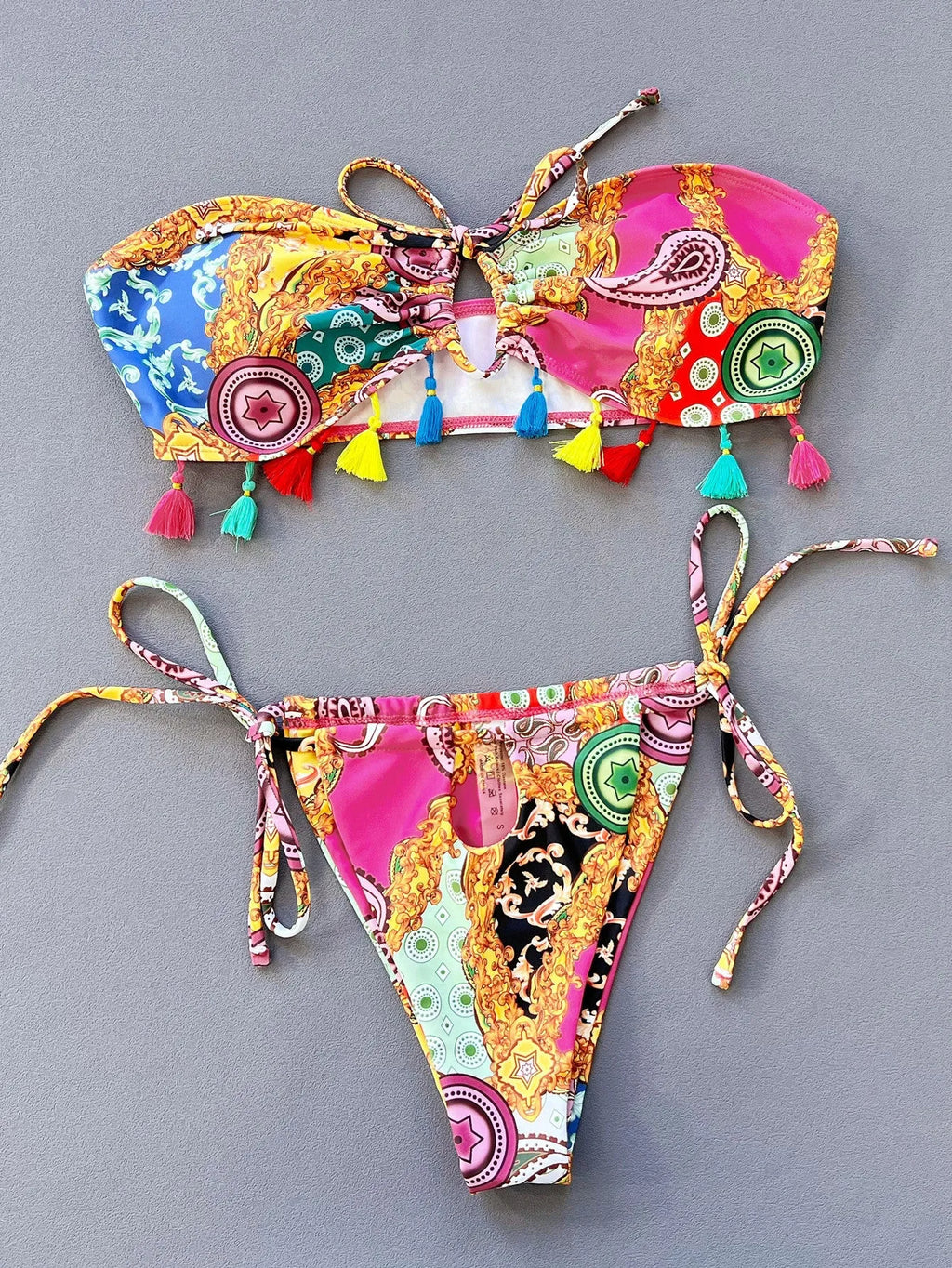 Women's separated tube top bikini swimwear set with printing design for swimming