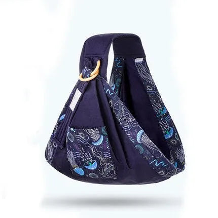 Baby wrap carrier sling in blue-green cotton mesh fabric, adjustable for newborn to 36 months, 50kg capacity