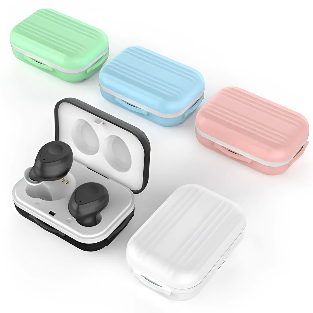 Macaron wireless sports headphones in pink with charging case, showing in-ear design and Bluetooth pairing