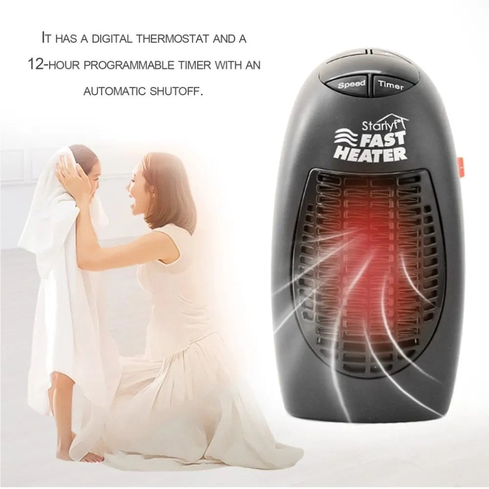 Black mini ceramic electric heater with digital display and a rotating plug on a white background.