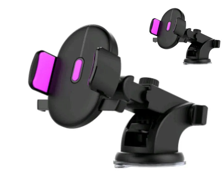 Yellow and black car phone holder with telescopic arm and suction cup mount on a dashboard