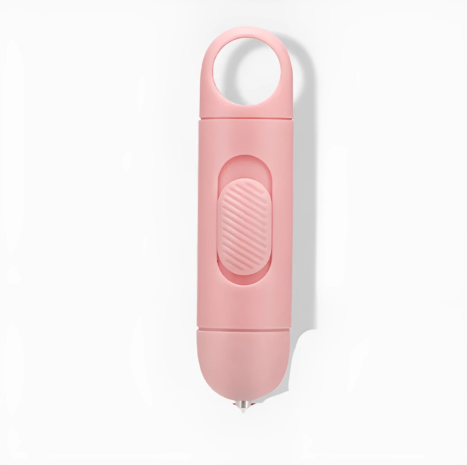 Contactless keypad tool with metal silver tip on pink body for pressing public buttons without touching