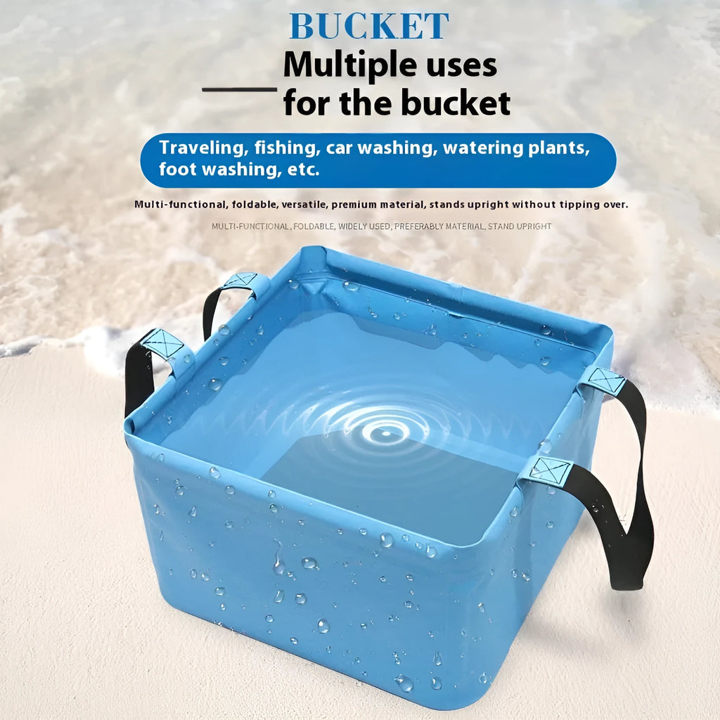 Square folding fishing bucket in outdoor setting, multi-colour coated design with handle