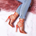 Candy Bright Toe Strap High Heels in rose red, showing microfiber upper, rubber sole, and toe strap design