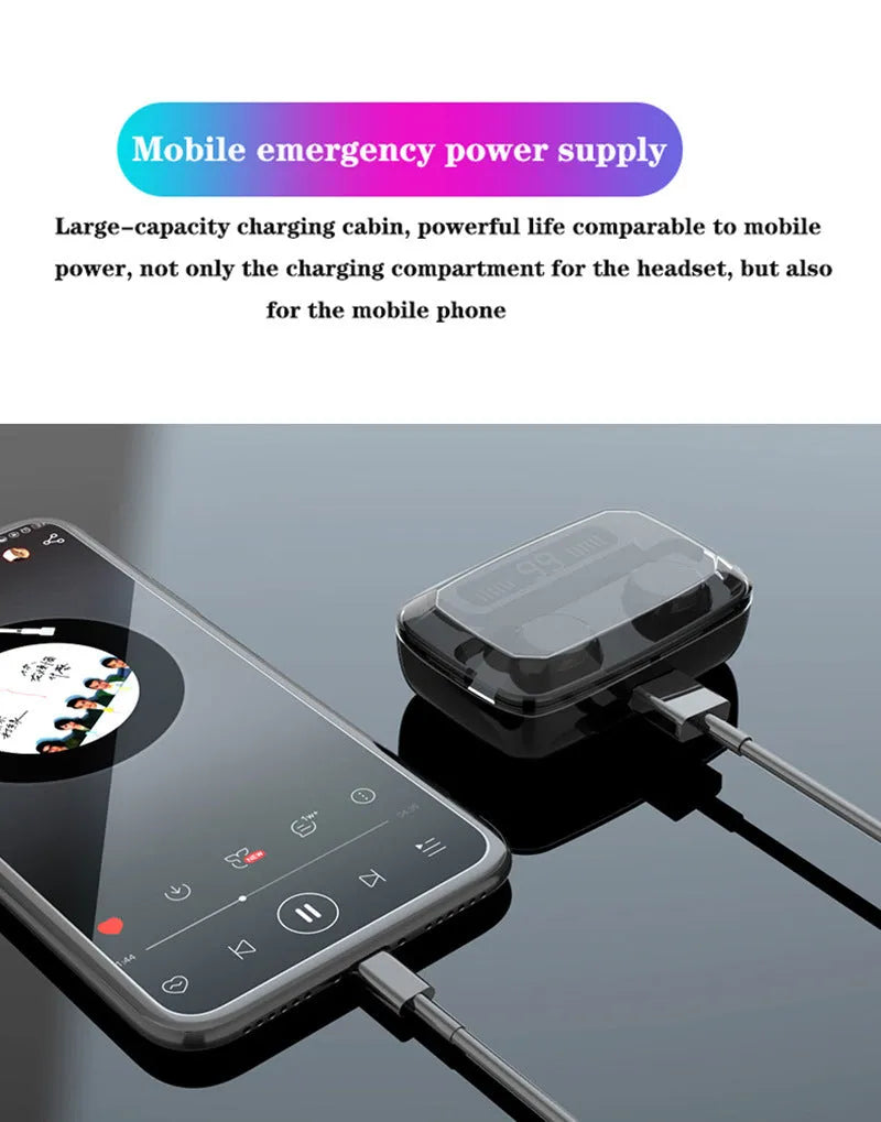 Black M11 wireless Bluetooth headset with digital display and charging case