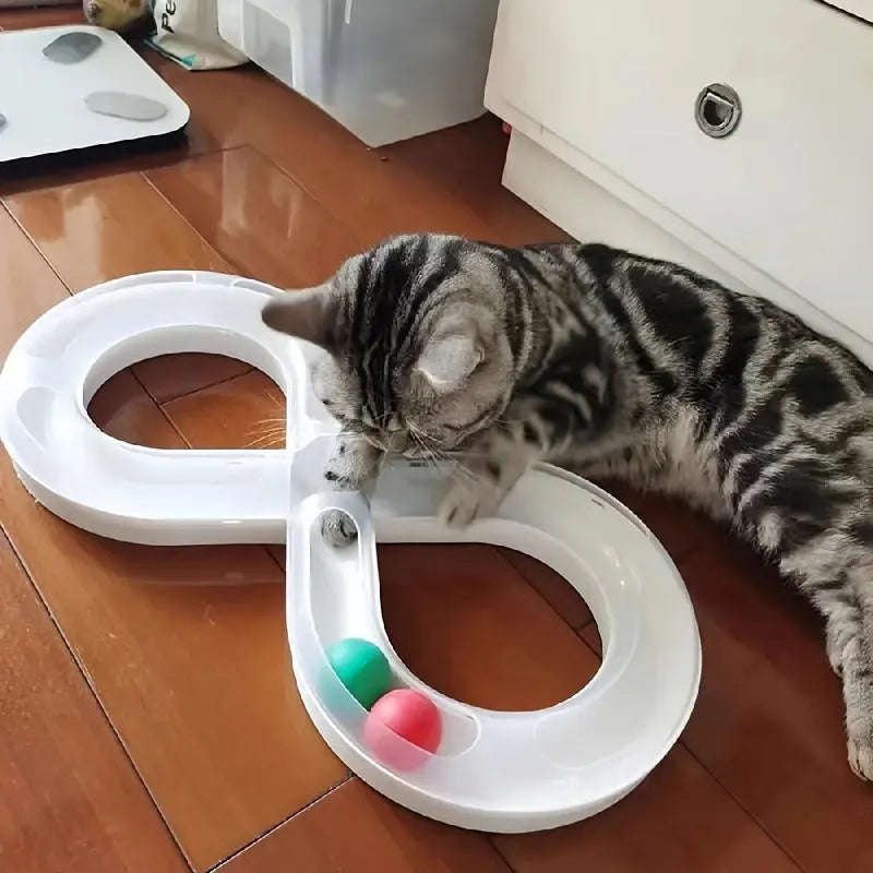 Blue and white cat toy set with turntable track ball system, teasing stick, and multiple balls