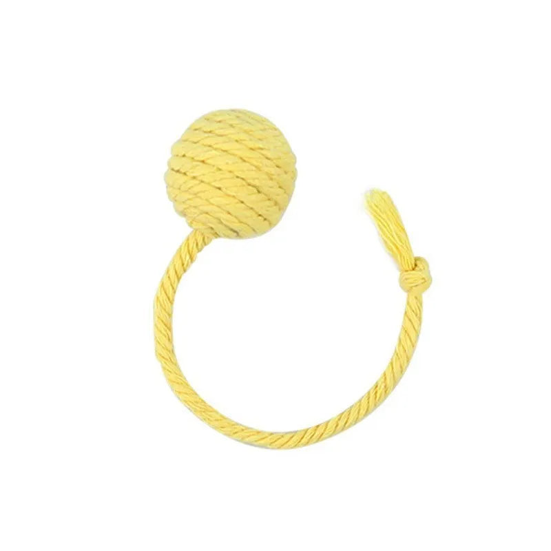 Cat toy ball with rope and bell in green pink purple yellow colours showing 3cm and 6cm size options