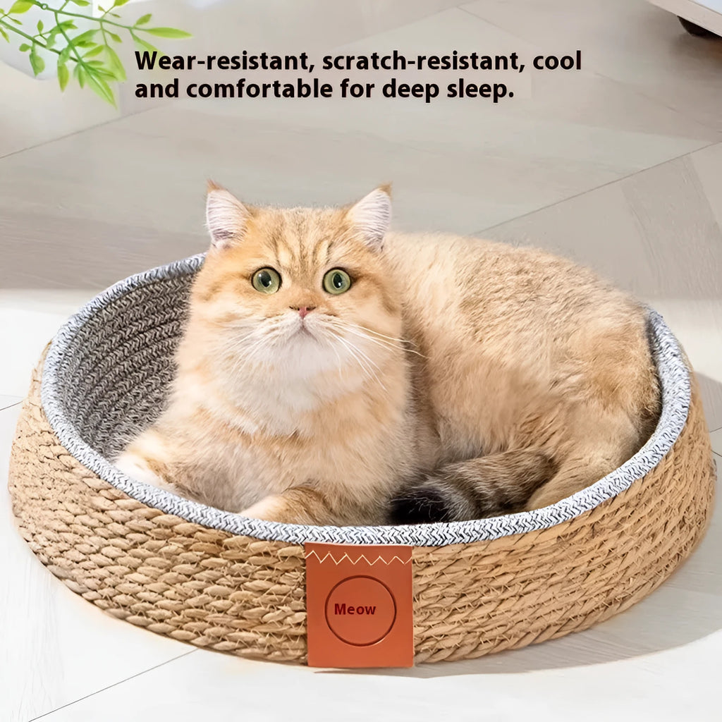 Natural rattan cat nest with woven construction shown in pet bed setup
