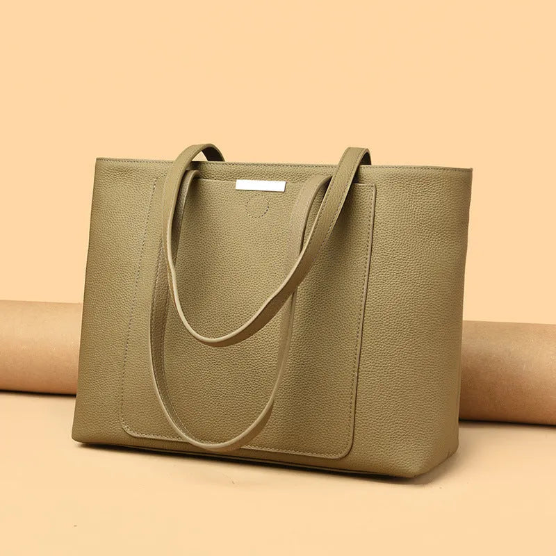 Genuine leather tote bag women's large capacity shoulder bag horizontal square black