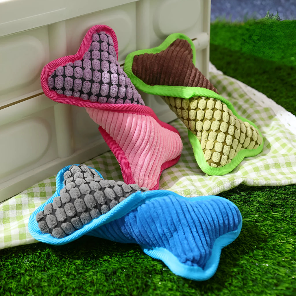 Teddy dog toy with bone squeaker in corn fleece with soft lining for bite-resistant chewing