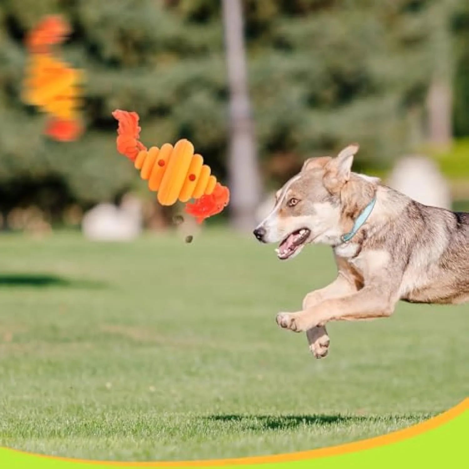 Green and yellow split oval dog ball with attached rope, a treat-dispensing chew toy