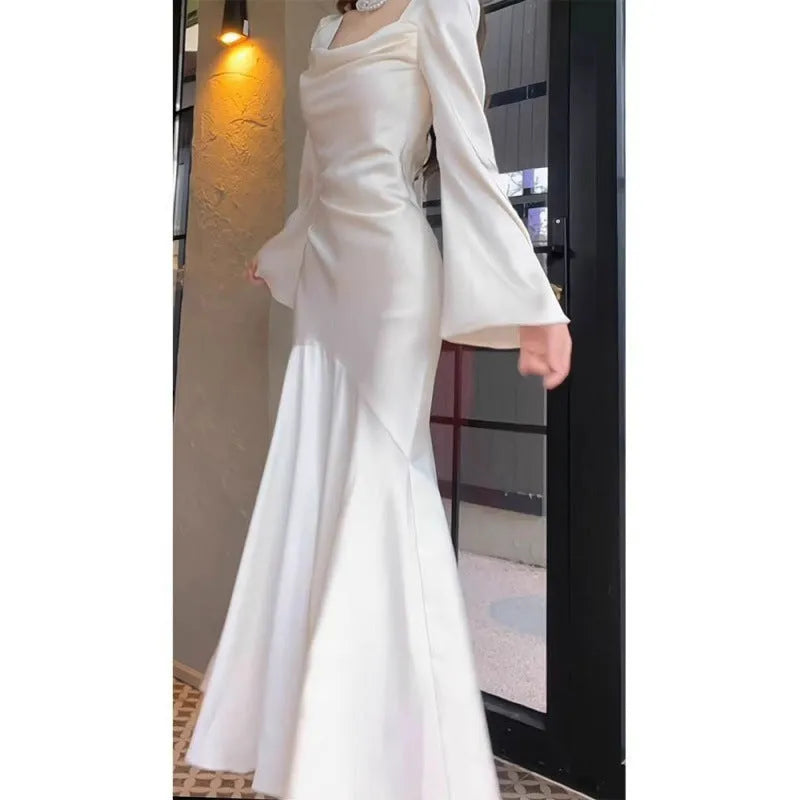 Satin long sleeve champagne white dress for marriage certificate photo mid-rise waist