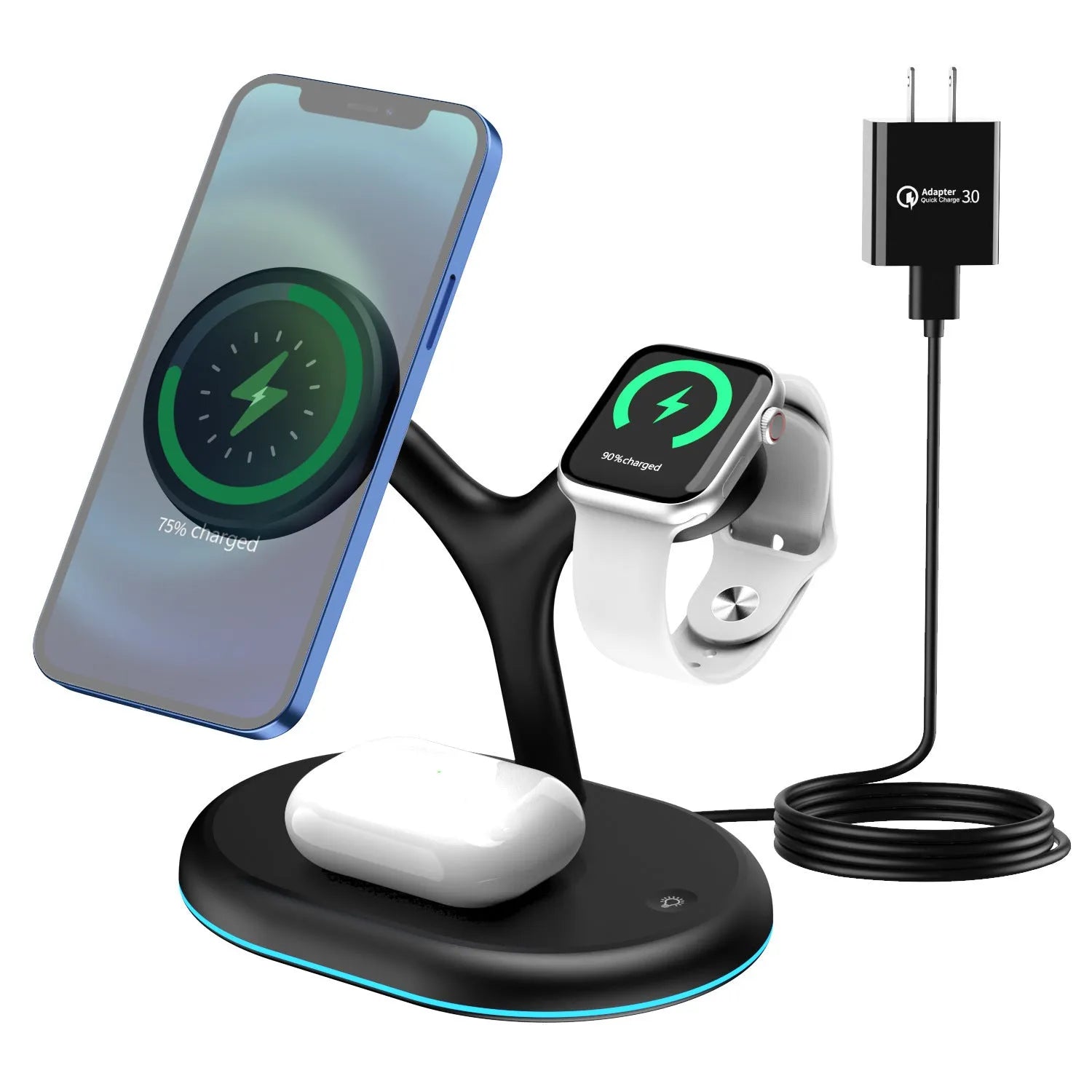 Black three-in-one magnetic wireless charger with ABS case on desktop