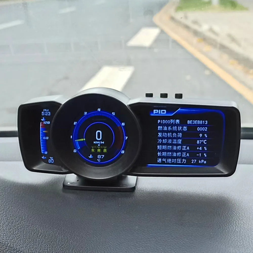 A600 monitor driving computer with TFT screen next to OBDII cable and installation tools.