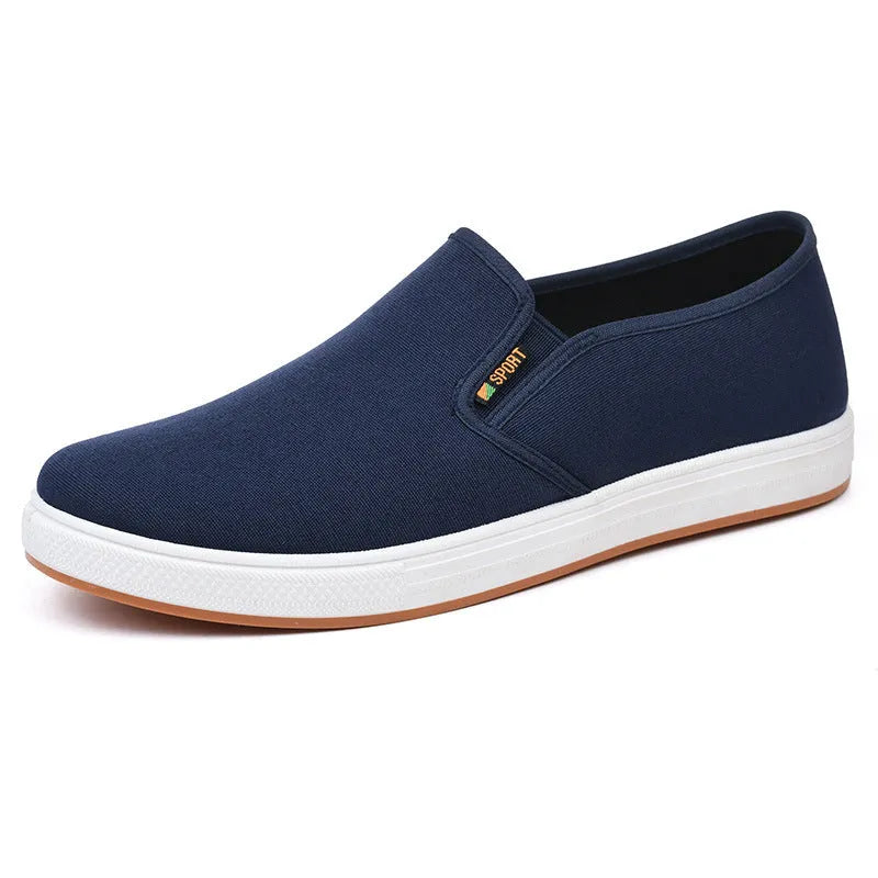 Men's low-top canvas slip-on cloth shoes in black or blue with round toe and composite sole