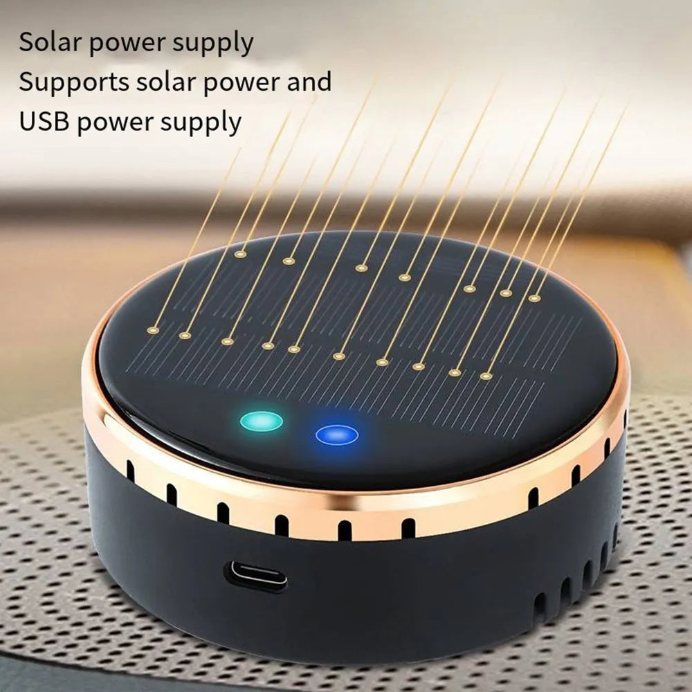 Car-mounted solar air humidifier in black colour installed on dashboard vent