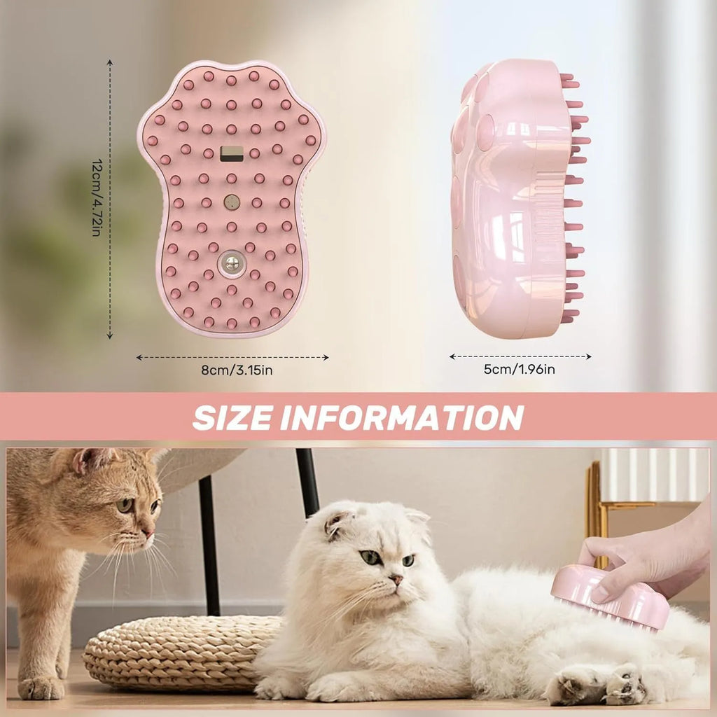 Self-cleaning cat steam brush with silicone head and release button in blue, green or pink
