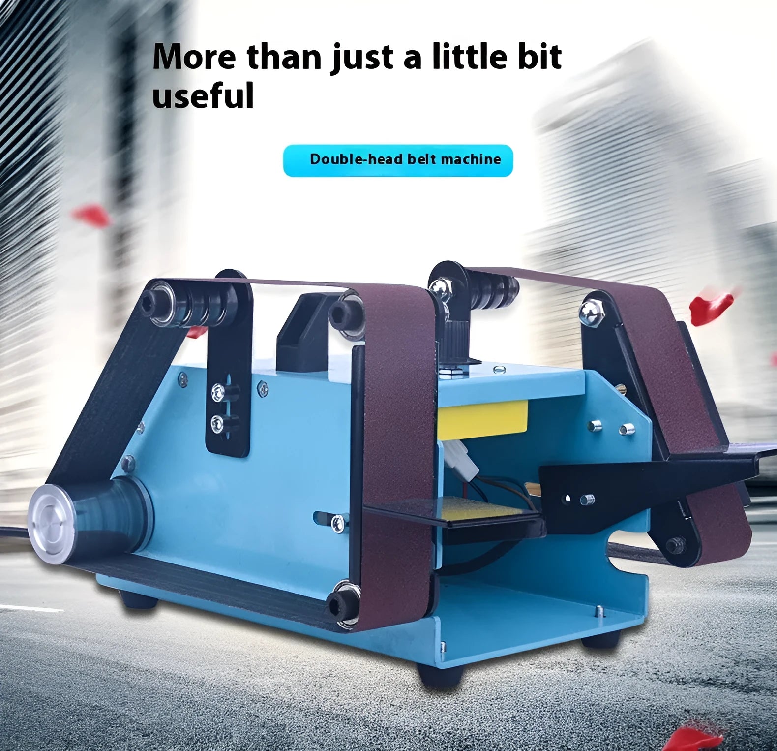 Blue desktop dual-axis belt sander with 750W motor and variable speed control