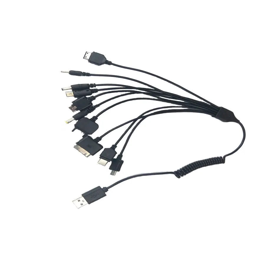 White PVC multi-function charging cable with spring drag design and multiple connectors