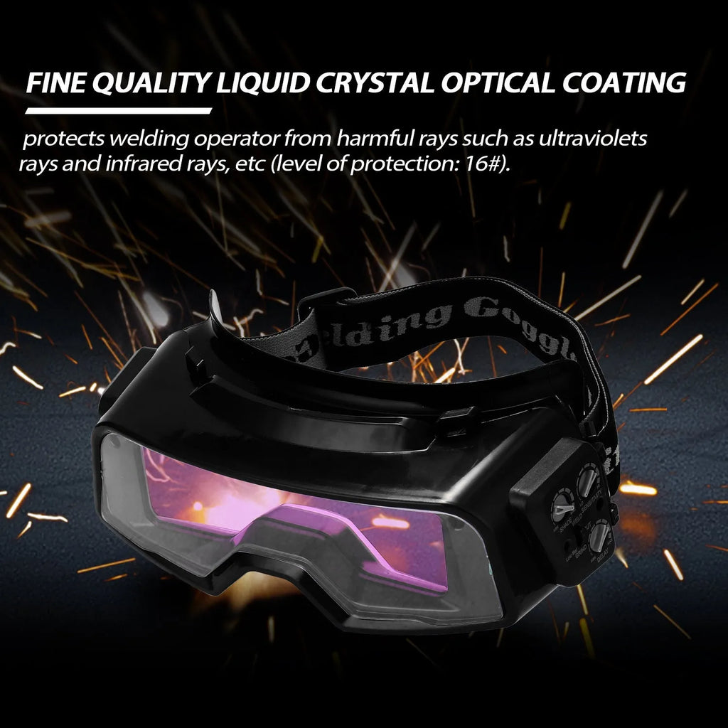Black automatic welding mask with large viewing lens and adjustable controls for sensitivity and delay timing