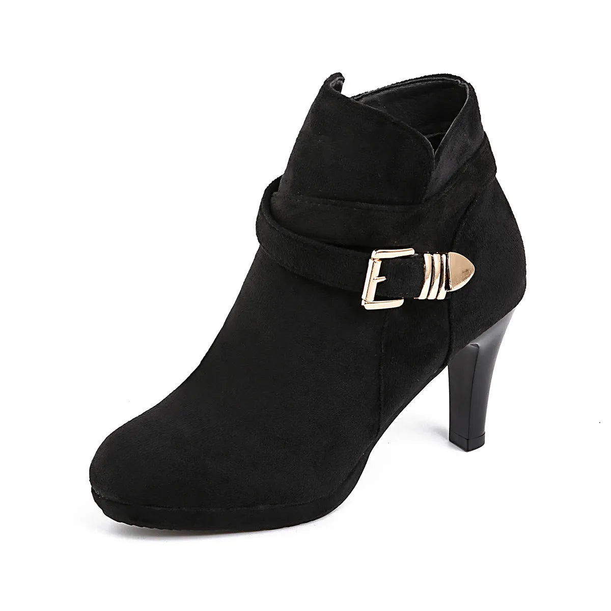 Plus size women's stiletto heel boots in suede, round toe, mid-calf length, available in black