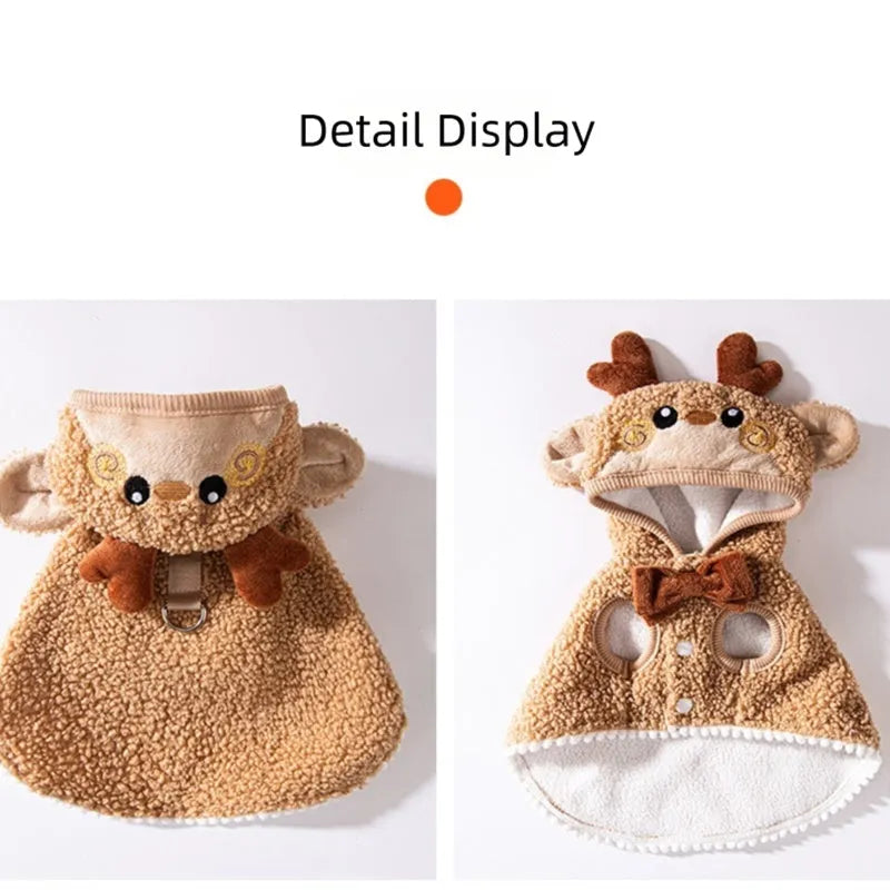 Green granular velvet cat cape with Christmas tree hat and star, lying on a white background