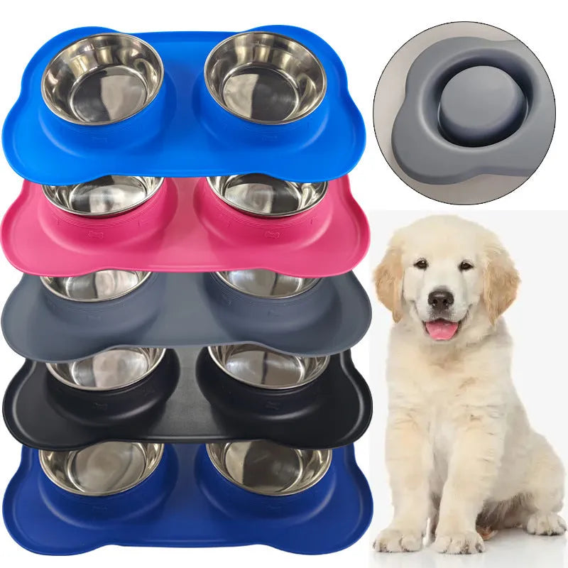 A large silicone double dog bowl with a non-slip base and integrated feeding mat, shown in sky blue colour.