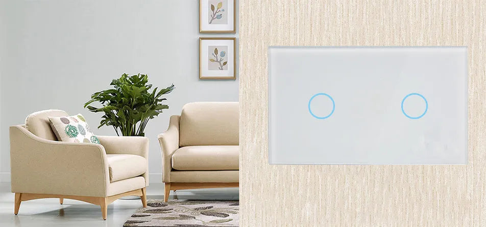 White 2-gang RF remote control touch wall switch with tempered glass panel